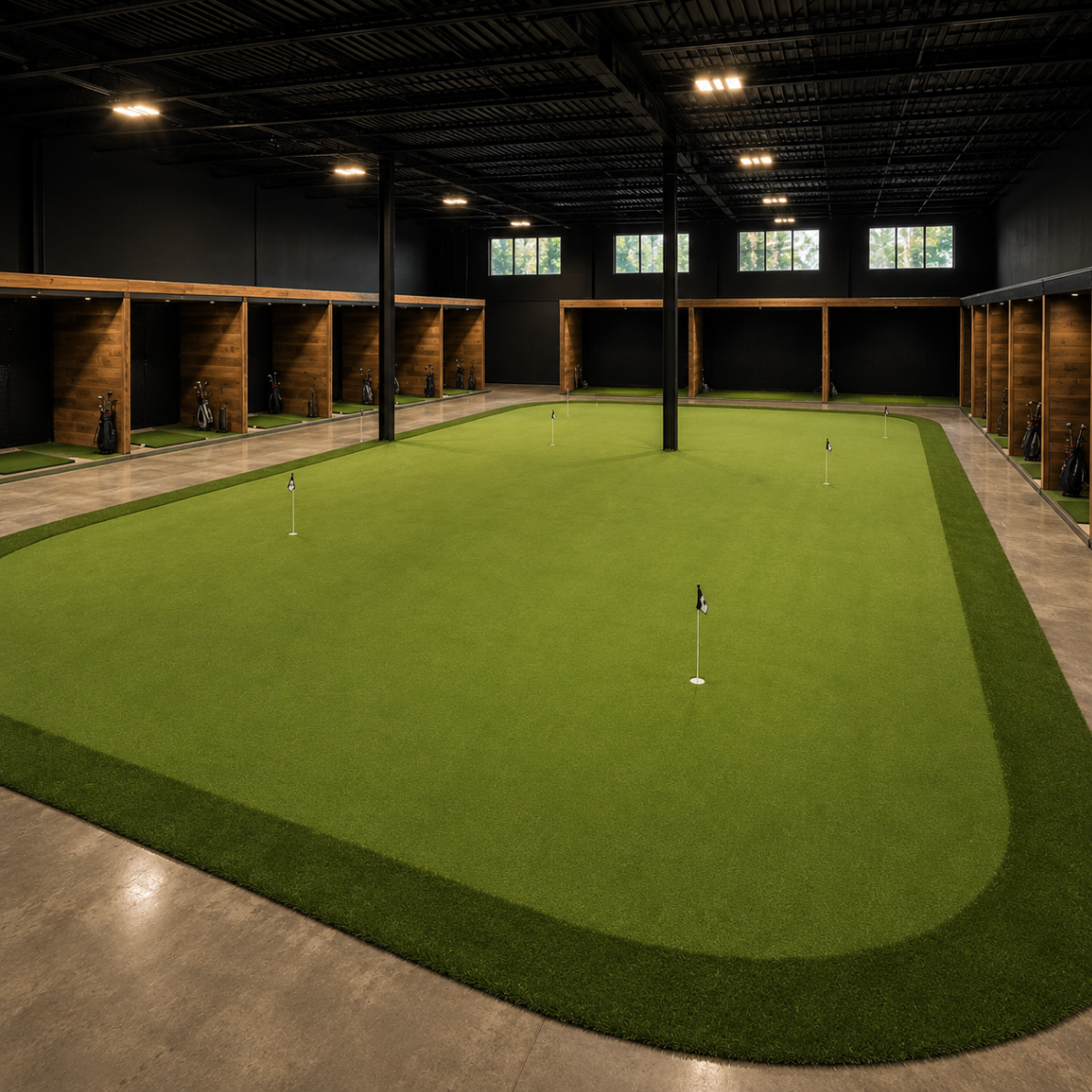 Large indoor putting green with multiple flags